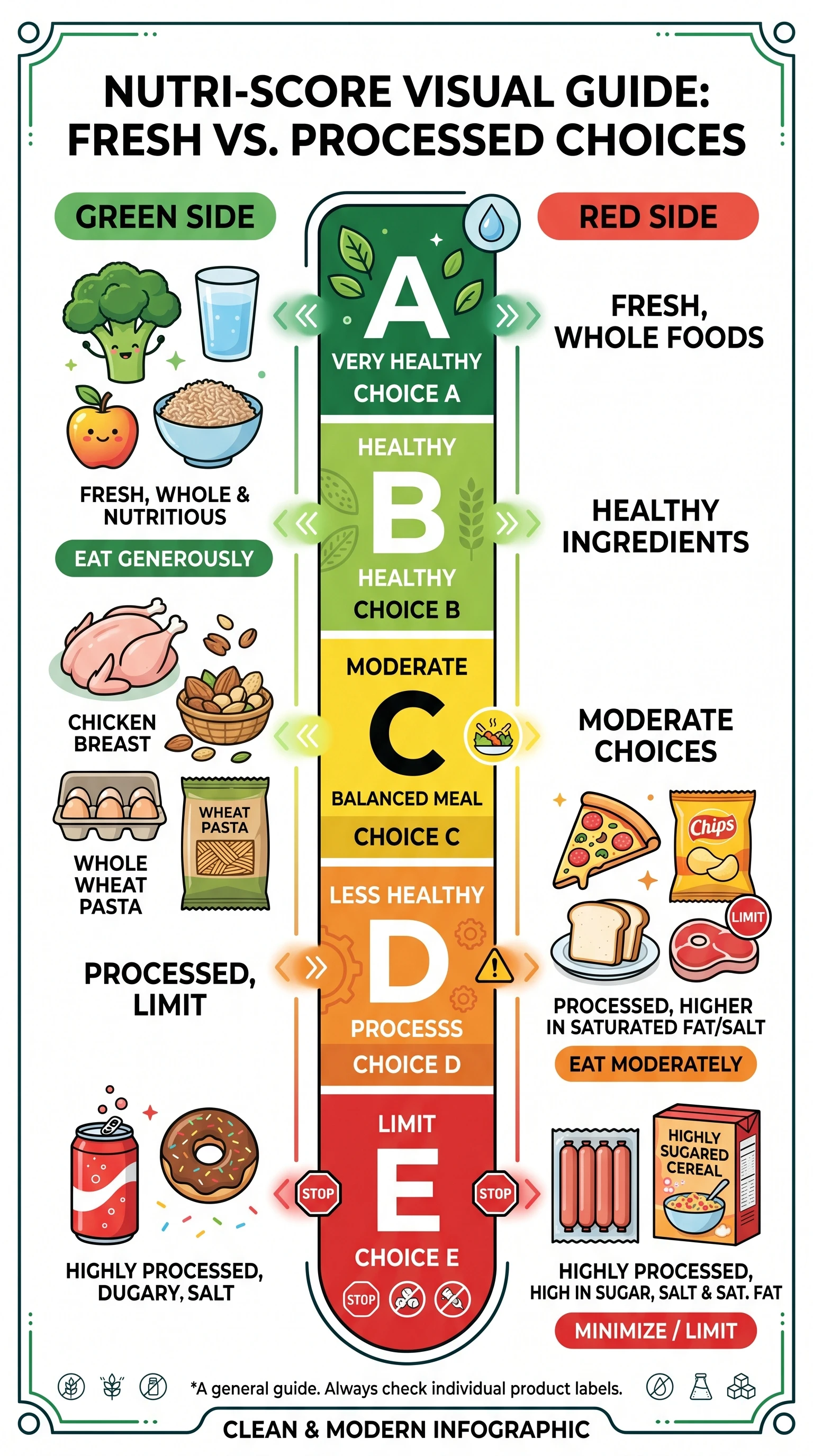 Nutri-Score A-E rating system infographic showing color scale from dark green (best) to red (worst) for food nutritional quality