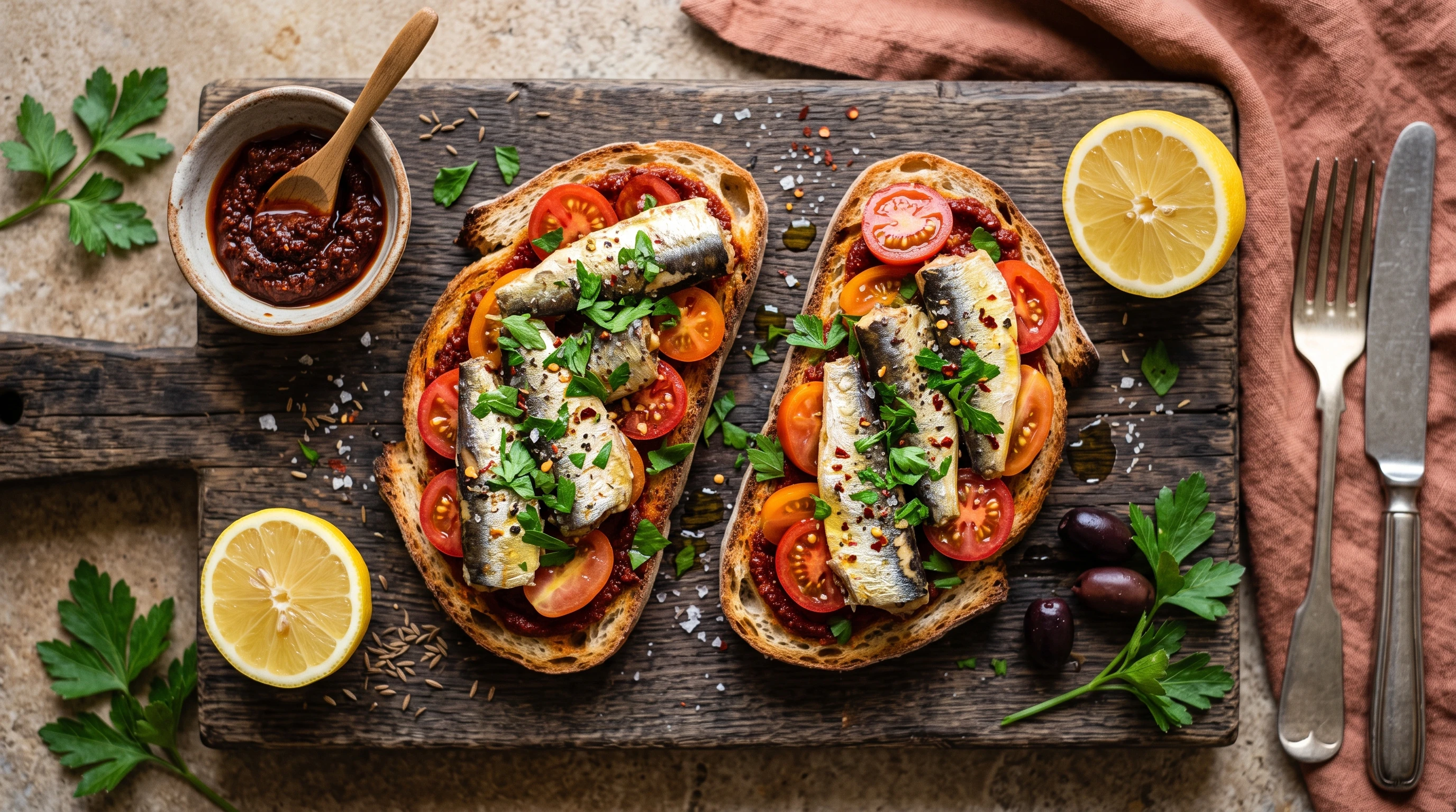 Sardine toasts with fresh tomatoes, harissa paste, and chopped parsley on a rustic dark wooden board, Mediterranean food photography