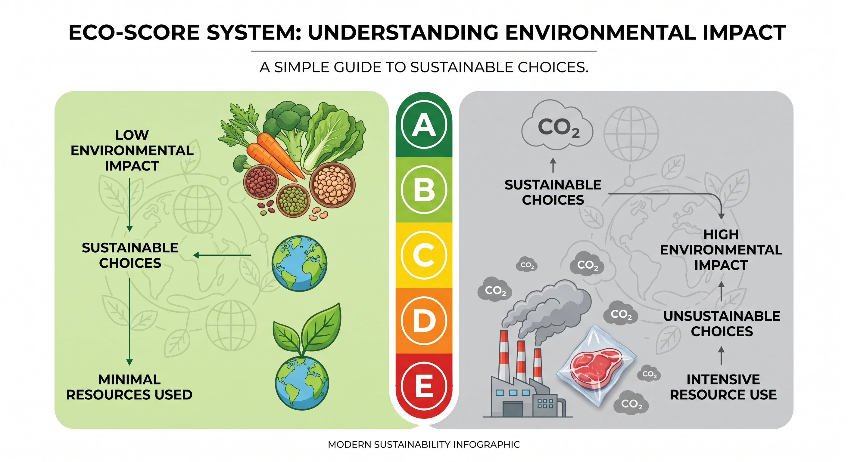 Eco-Score A-E rating system infographic showing color scale from dark green (best environmental impact) to red (worst environmental impact) for food products