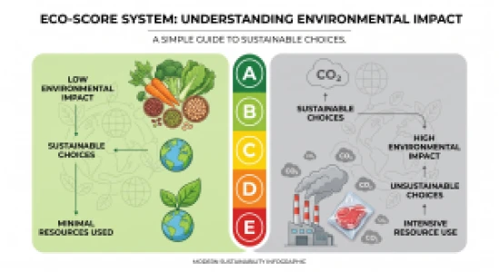 Eco-Score A-E rating system infographic showing color scale from dark green (best environmental impact) to red (worst environmental impact) for food products