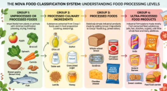 NOVA food classification infographic showing four groups from unprocessed foods to ultra-processed foods