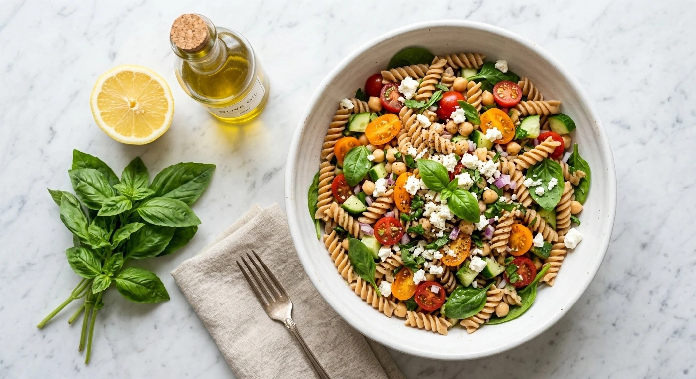 Summer pasta salad with whole wheat fusilli, cherry tomatoes, chickpeas, cucumber, spinach, and feta in a white bowl