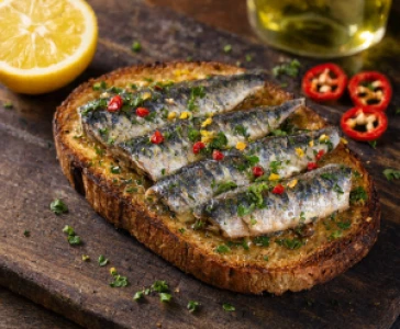 Sardine toasts with roasted red peppers, crumbled feta, and fresh parsley on a rustic wooden board, Mediterranean food photography