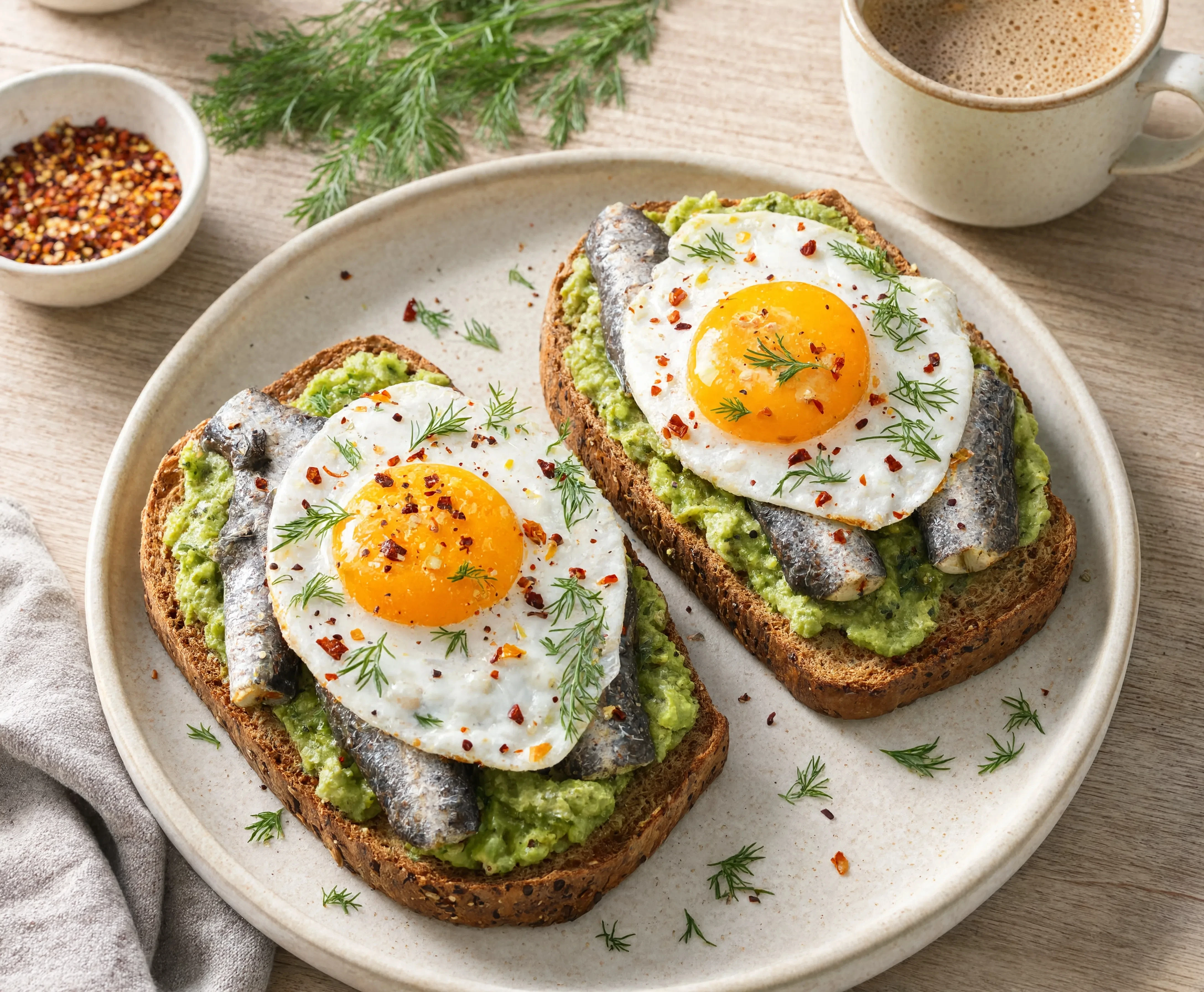 Sardine breakfast toast with mashed avocado and fried egg on a wooden table