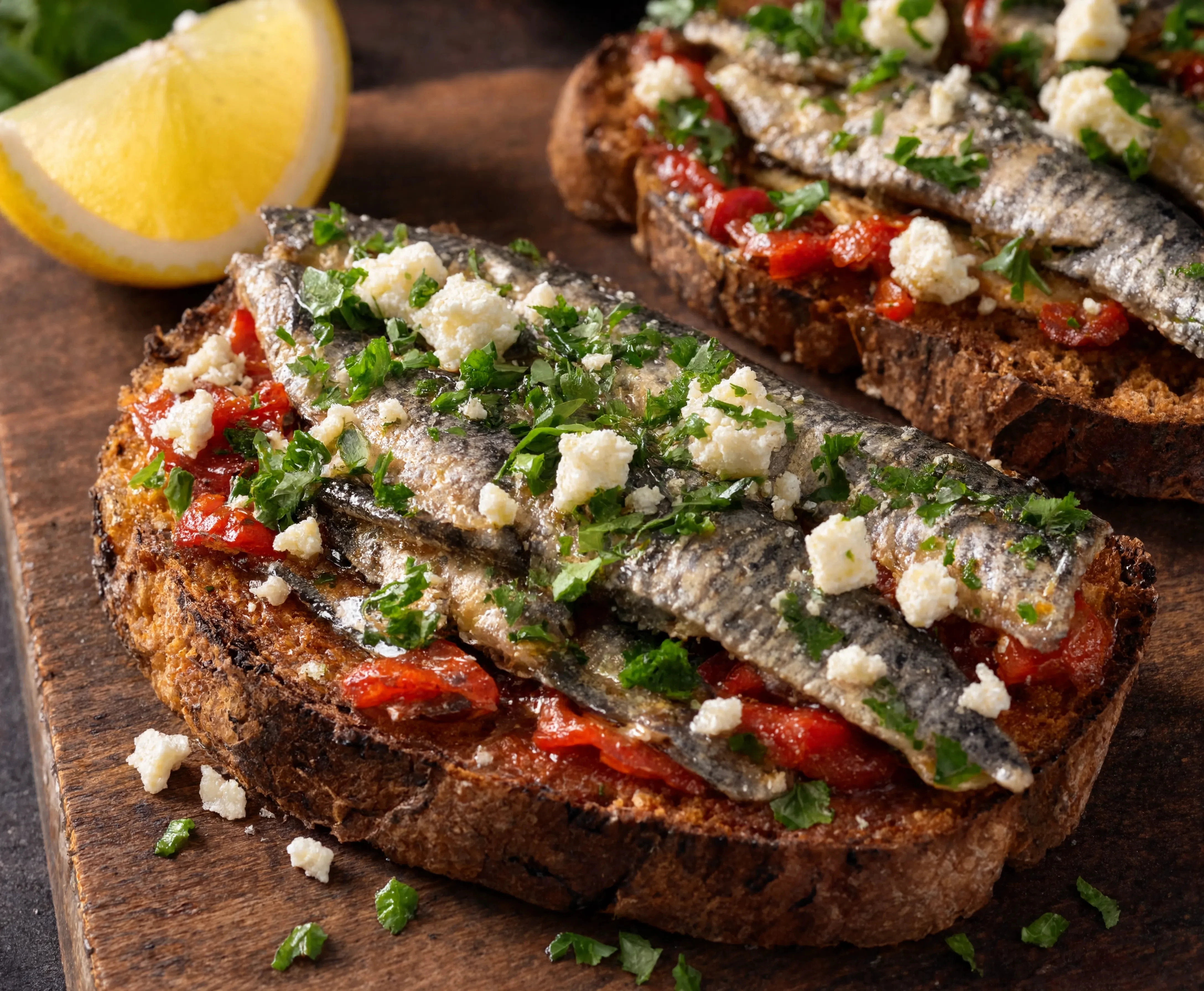 Pan-fried sardine toasts with garlic, chilli, and lemon zest on a rustic wooden board
