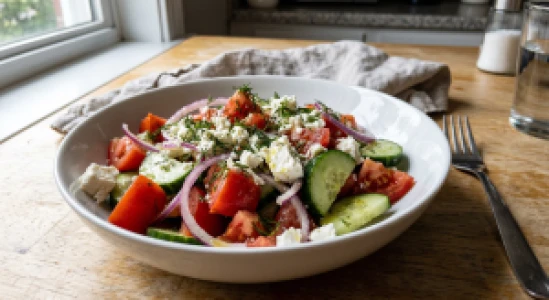 Easy tomato cucumber salad with feta and fresh dill in a white bowl