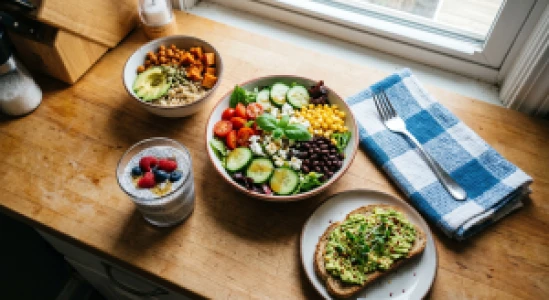Collage of healthy summer recipes including salad, grain bowl, chia pudding, and avocado toast shot on a phone